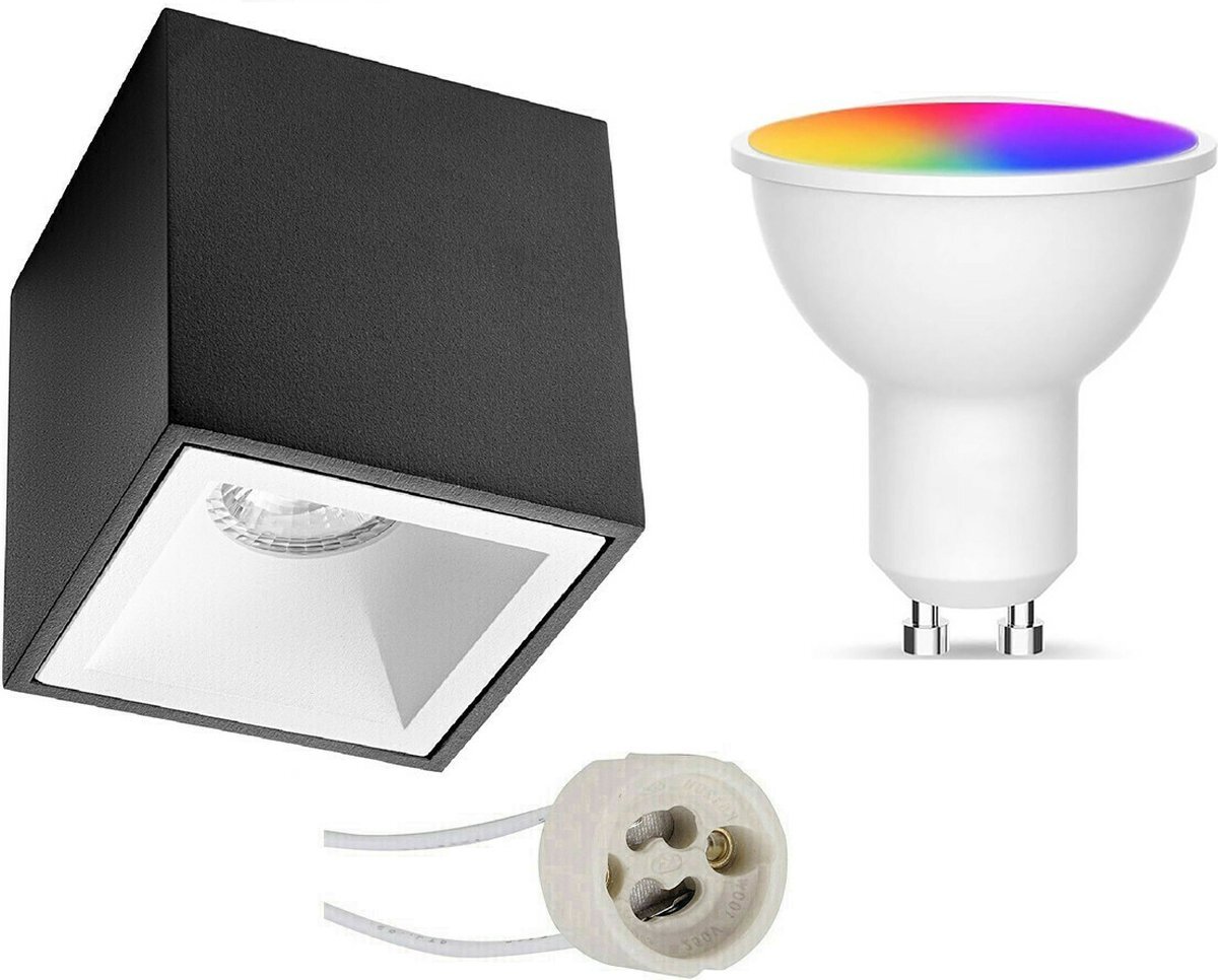 Qualu Opbouwspot Set GU10 - Oficto - Smart LED - Wifi LED - Slimme LED - 5W - RGB+CCT - Aanpasbare Kleur - Dimbaar - Afstandsbediening - Proma Cliron Pro - Opbouw Vierkant - Mat Zwart/Wit - Verdiept - 90mm