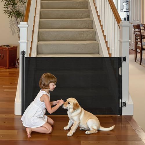 VEVOR Intrekbaar Babyhekje, Hondenhekje, Uitschuifbaar Tot 145 Cm (B) / 980 Mm (H), Traphekje met Veiligheidsslot, Gaasveiligheidshekje voor Trappen En Gangen, Binnen/Buiten, Zwart