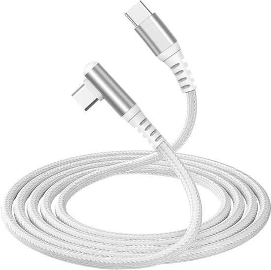FORCE CASE Gevlochten Nylon USB-C naar USB-C Kabel 60W - PD 3A - Haaks 90° - 2m, Wit