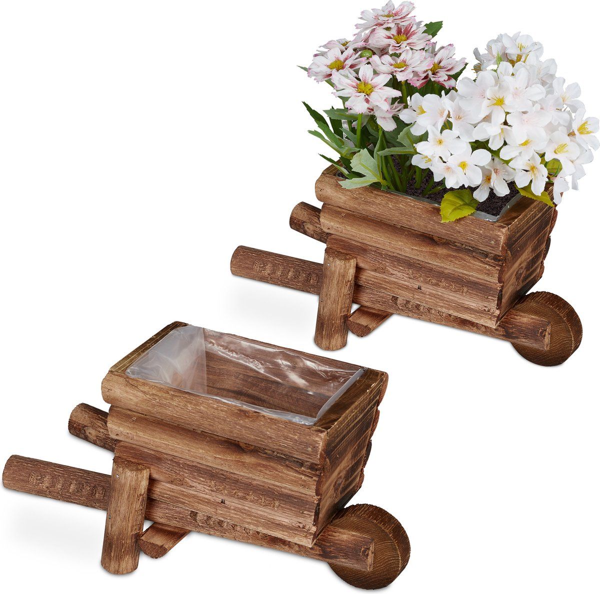 Relaxdays Bloempot kruiwagen - set van 2 - plantenkar - met folie - tuindecoratie - hout - Lichtbruin