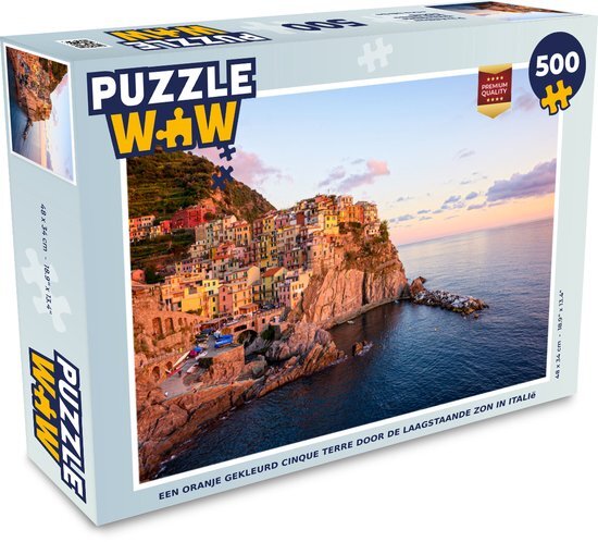 MuchoWow Puzzel Een oranje gekleurd Cinque Terre door de laagstaande zon in Italië - Legpuzzel - Puzzel 500 stukjes