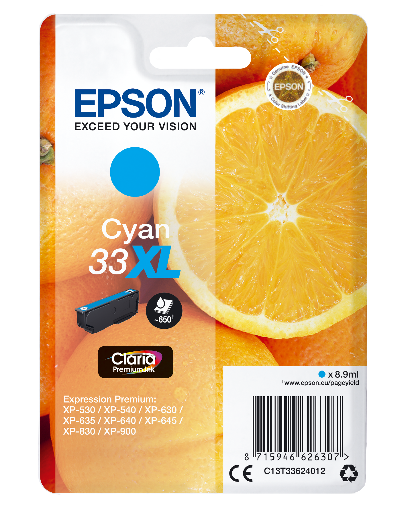 Epson Oranges Singlepack Cyan 33XL Claria Premium Ink single pack / cyaan