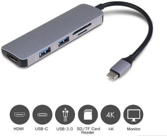Drphone 5 in 1 USB-C Expander - Type C HUB - 4K HDMI + 2x USB3.0 + SD/Micro SD - Zilver Grijs