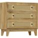Commode à 3 tiroirs, meuble de rangement avec revêtement en rotin aspect bois clair, 80 x 35 x 76 cm