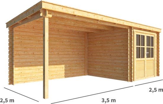 Merkloos Blokhut met overkapping Els 600 cm bij 250 cm diep Lessenaarsdak bruin