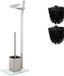 Unyqoos® Toiletset vrijstaand in acier, chrome mat – Toiletborstel (met 3 vervangbare borstelkoppen), papierhouder, glazen voet met rubberen voetjes, montage zonder gereedschap
