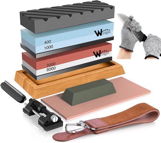 Premium Bol Slijpstenen set voor meten - professionele wetsteen correl 400/1000 3000/8000 met anti-slip basis, plaatstaal, hoekgeleiding, eren strepen, polijstmassa, snijbestendige handschoenen