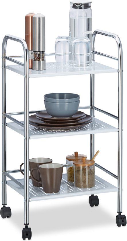 Relaxdays Serveerwagen Metaal 3 Etages - Keukentrolley - Wit/Zilver