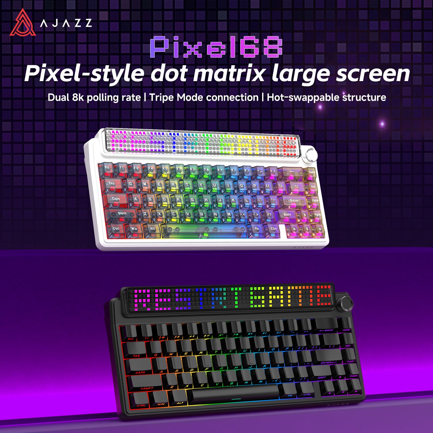 AJAZZ Pixel68, White Peach Switch, zwart bedrukte toetsen, Triple Mode, Dot Matrix-scherm, RGB, Hot Swap, Dual 8K Polling Rate