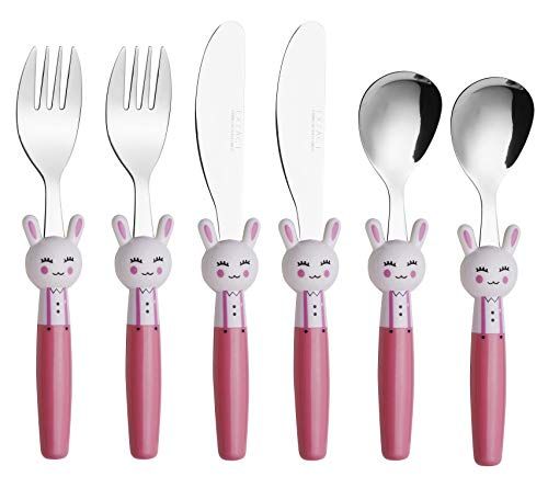 EXZACT kinderbestek 6-delige set roestvrij staal / kinderbestek / peutergereedschap / bestek - 2 x vorken, 2 x veilige dinermessen, 2 x dinerlepels - konijn (6-delige)