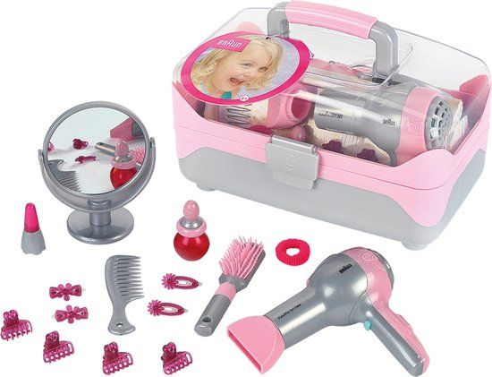 Klein Toys Braun hairstyling koffer met haardroger - haaraccessoires, spiegel, lippenstift en parfum - roze/grijs