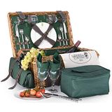 Les Jardins de la Comtesse - Groene Rieten Picknickmand Champs Elysées - Lederen riemen - 2 Personen - Koeler/Kleed - Porseleinen Borden en wijnglazen in glas - 48 x 34 x 21 cm