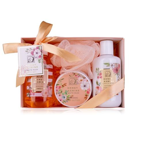 Accentra - Doucheset dames cadeauset HONEY JASMINE in een mooie geschenkdoos - 4-delige verzorgingsset met douchegel, bodylotion, body butter en mesh spons - cadeauset voor Valentijnsdag en Moederdag