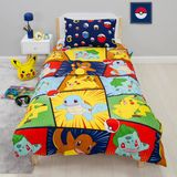Pokemon Officieel gelicenseerd eenpersoons dekbedovertrek voor Enfants | Pikachu Bulbasaur Charmander Squirtle Design omkeerbaar 2-zijdig beddengoed met bijpassende kussensloop