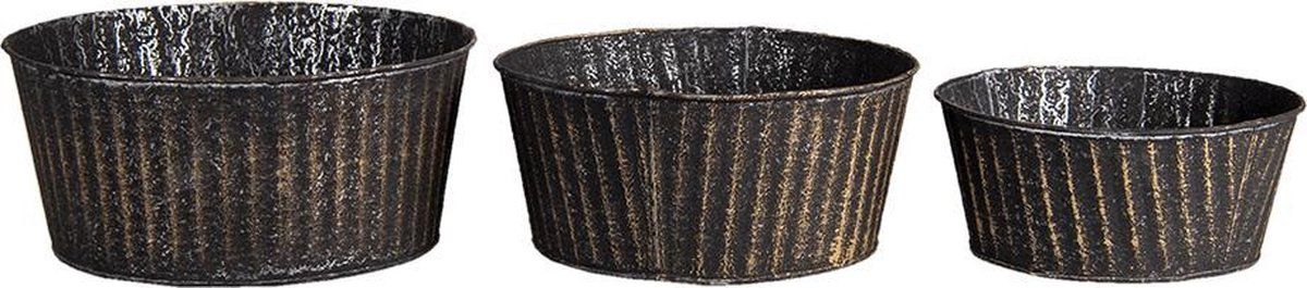 Clayre & Eef Bloempotten Set van 3 Ø 24 Ø 21 Ø 19cm Zwart Zink Rond Plantenpot Plantenhouder Decoratie Pot