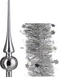 Decoris Kaemingk B.V. Kerstversiering glazen piek glans 26 cm en sterren folieslingers pakket zilver