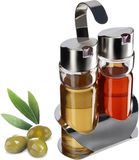 Merkloos KADAX Olie- en azijndispenser met standaard, transparante glazen container met metalen deksel, oliedispenserset, keukenkruidenflessen, olie en azijn, set (zilver)