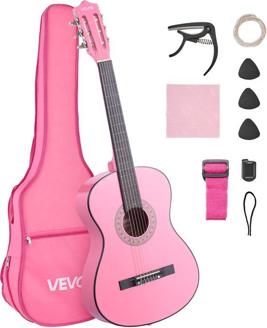 VEVOR Concertgitaar, 960MM, Houten Klassieke Gitaar Starterset voor Beginners, met Nylon Snaren, Gigbag, Riem, Tuner, Extra Snaren, Plectrums, Capo, Lindehout, Roze