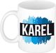 Bellatio Decorations Shoppartners Bv Karel naam cadeau koffie mok - beker - met blauw verfstrepen - Cadeau collega - vaderdag - verjaardag - meester - coach - 300 ml - wit