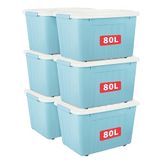 Cetomo 80L x 6 opbergdozen met wielen, plastic opbergdoos met deksel, vergrendelingsgespen, kliksluiting, stapelbaar, nesten, duurzame organizer voor thuiskantoorkleding, blauw, 80L-6 stuks