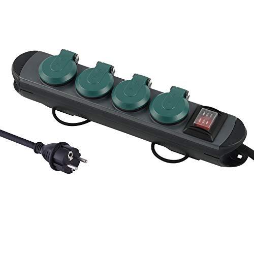 Electraline 62185 Professionele stekkerdoos voor buiten, 4 geaarde stopcontacten met IP44-stekker, 1,8 m rubberen kabel H07RN-F 3G1.5, zwart/groen