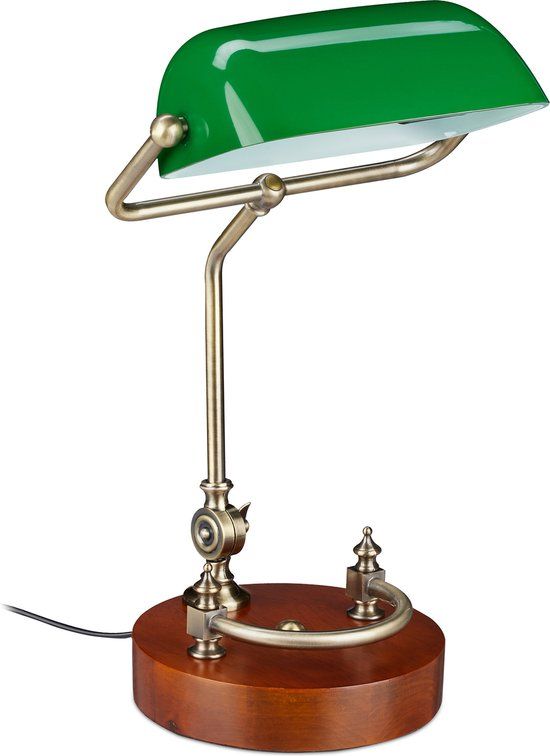 Relaxdays Bankierslamp - Groen Glas - Hout - Vintage - E27