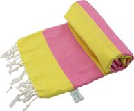 Arowell Double Banded Pestemal - Fouta - Hamamdoek - Geel - Roze - 180 x 100 cm