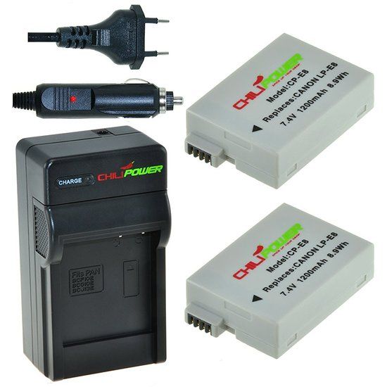 ChiliPower 2 x LP-E8 accu's voor Canon - inclusief oplader en autolader