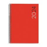 Miquelrius Jaarplanner 2024, weekoverzicht, verticaal, grootte Plus, 155 x 213 mm (A5), flexibele omslag van polypropyleen, spiraalbinding, Catalaans, Engels en Portugees, rood