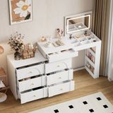 OKWISH Table de maquillage pivotante - 7 tiroirs - Avec miroir LED (3 couleurs, réglable) - Pliable en bureau - Poignées dorées - Panneau de particules blanc - 105x40x80 cm