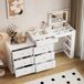 OKWISH Table de maquillage pivotante - 7 tiroirs - Avec miroir LED (3 couleurs, réglable) - Pliable en bureau - Poignées dorées - Panneau de particules blanc - 105x40x80 cm