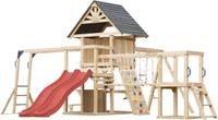 AXI Hunter Speeltoestel met Schommels, Klimrek, Klimbrug en meerdere Platforms – Rode Dubbele Glijbaan - FSC 100% hout – Speeltoren voor de tuin / buiten