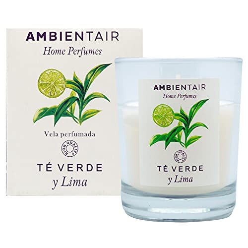 Ambientair Home Parfum Geurkaars groene thee en limoen, luchtverfrisser voor groene thee en limoen, geurkaars voor thuis, aromatherapie, kaars in glas voor binnen, 30 uur.