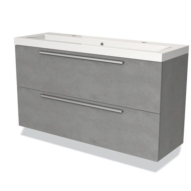 Maxaro Badkamermeubel 120cm Modulo Slim Lichtgrijs Beton 2 Lades Vlak Wastafel Mineraalmarmer