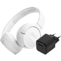 JBL Tune 670NC White + BlueBuilt Quick Charge Charger with USB A Port 18W Black