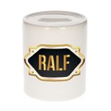 Bellatio Decorations Ralf spaarpot met voornaam - wit - met goud/zwart embleem - 8 x 9 cm - keramiek - met afsluitdop - cadeau verjaardag