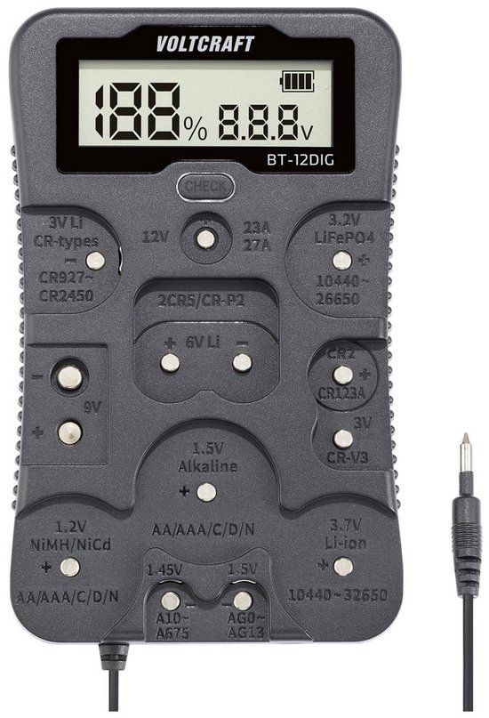 VOLTCRAFT Batterijtester BT-12DIG Meetbereik (batterijtester) 1.2 V, 1.5 V, 3 V, 3.7 V, 6 V, 9 V, 12 V Batterij, Oplaad