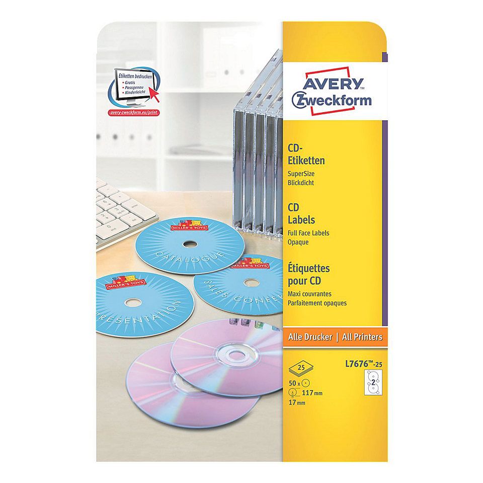 Avery L7676-25 CD Etiketten - wit - Ø 117,0 mm - permanent klevend
