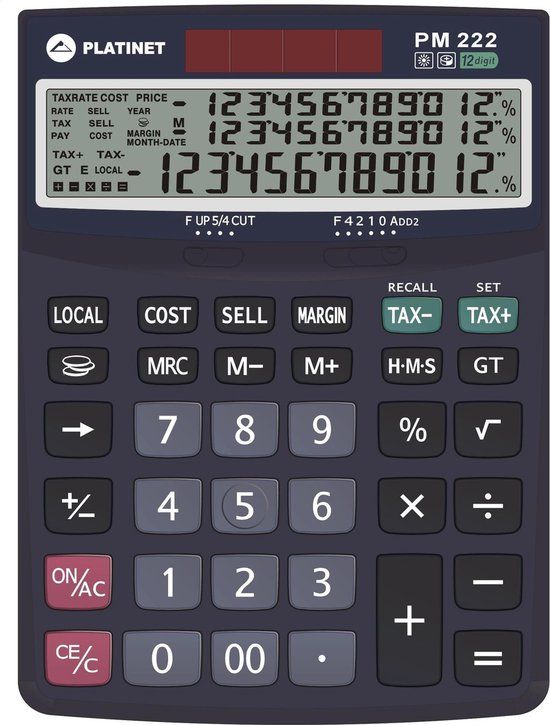 Platinet PMC222TE Bureaucalculator - Grijs - 12 cijfers - Zonne-energie
