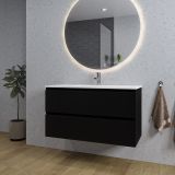 Saniclass Chaci Badkamermeubelset - 100x46x55cm - keramische wastafel wit - 1 wasbak - 1 kraangat - 2 lades - ronde spiegel met verlichting - mat zwart