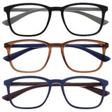 OPULIZE Max Leesbrillen 3 Pack - Klassiek Groot Rechthoekig Montuur - Mat Zwart, Bruin, Blauw - Uniseks Heren & Dames - Veerscharnieren - RRR78-123 - +3.00