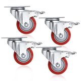 COOCHEER 4 x Zwenkwielen met Rem, 75 mm, Rood, 400 kg