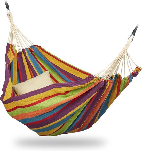 Relaxdays 2 persoons hangmat - tot 300 kg - tweepersoons - buiten - katoen - opbergtas geel/groen/blauw/rood