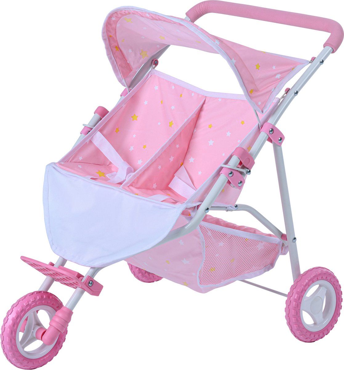 Olivia's Little World Double Twin Baby Doll Pram Wandelwagen Kinderwagen Roze Sterren OL-00012