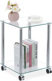 Merkloos Relaxdays bijzettafel op wielen, 2 etages, vierkant, woonkamer, glas & staal, verrijdbare salontafel, doorzichtig/zilver