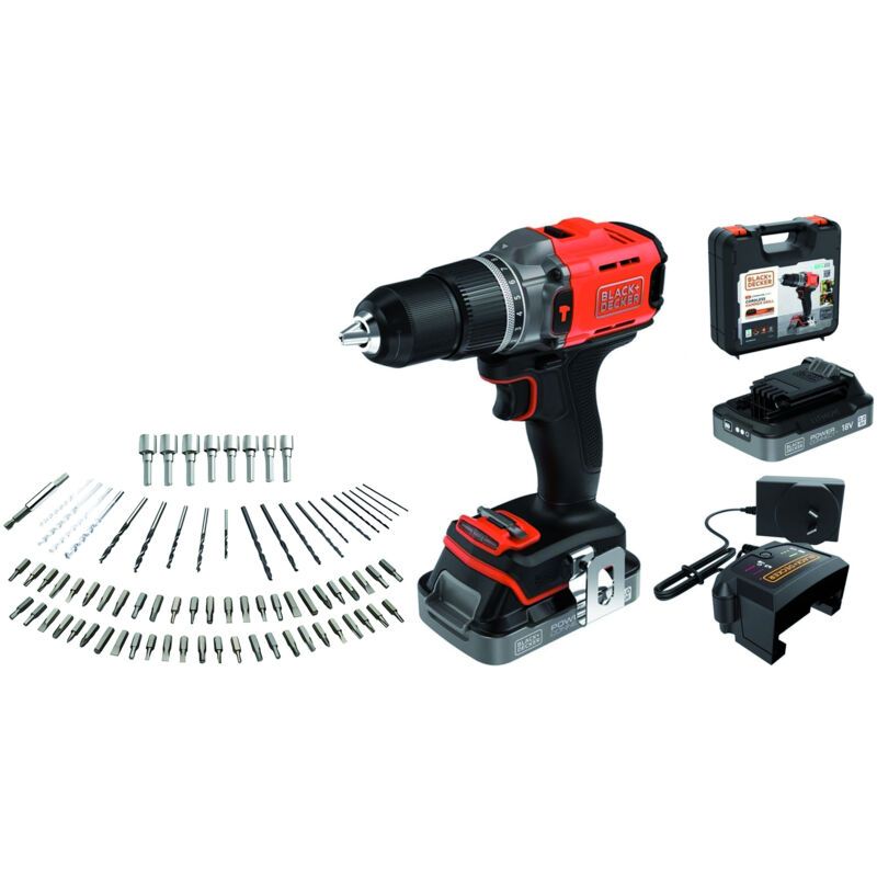 BLACK+DECKER 18V accu klopboormachine met 2x 18V 2.0Ah accu en 80 accessoires in koffer - BCD383D2XKA-QW