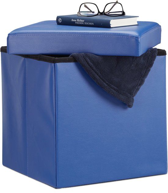 Relaxdays Zitkist met Opslagruimte - 38 x 38 x 38 cm - Kunstleer - Poef - Opbergruimte Blauw