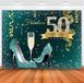 Sensfun Groenblauwe gouden Happy 50e verjaardag achtergrond glitter zilveren stippen hoge hakken champagneglas fotografie-achtergrond voor vrouwen fantastische 50 verjaardagsfeestdecoraties banner