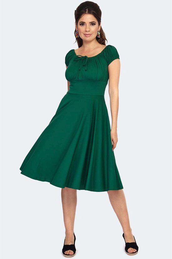 Voodoo Vixen Green Gathered Neckline Flare jurk S Groen