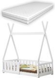 en.casa Lit tipi pour enfant avec protection anti-chute et matelas 70x140 cm blanc